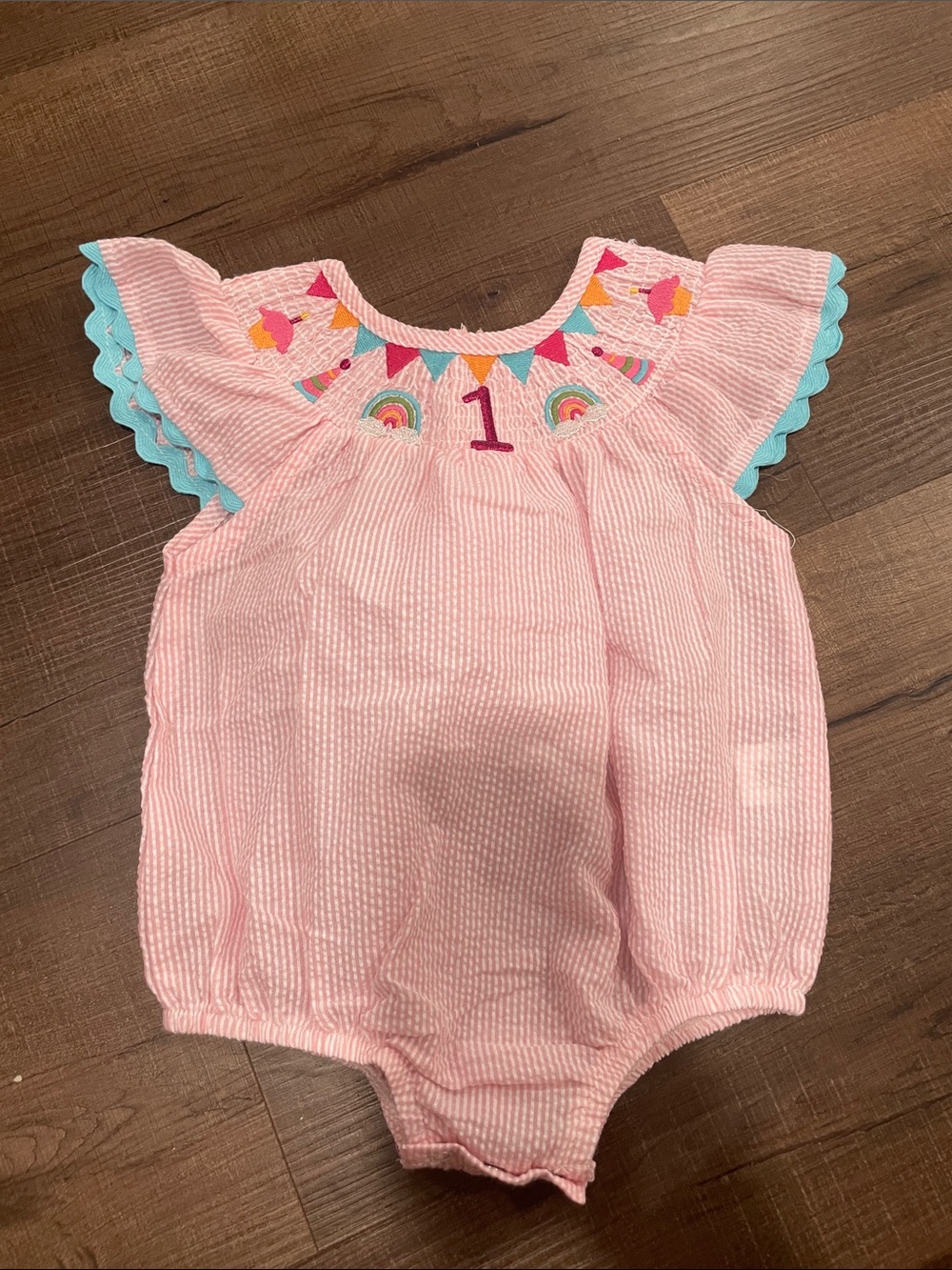 Mud Pie Pink Seersucker One-Piece with Rainbow Birthday Embroidery